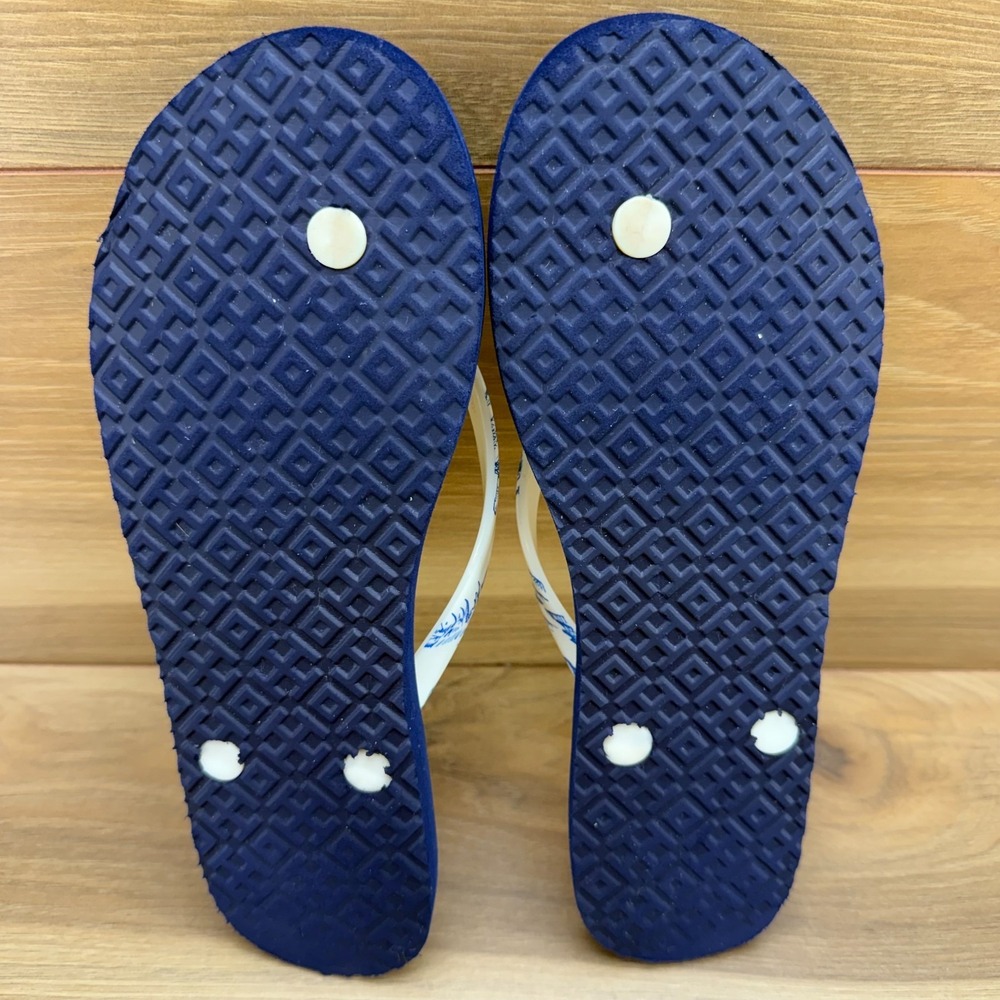 Tory Burch Far And Away Flip Flops Womens 8 M Blue Cream Travel Thong Sandals - Picture 9 of 10